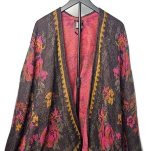 Mixit Floral Fringe Soft Poncho Boho Shawl Wrap Cover Roses Black Reds One Size